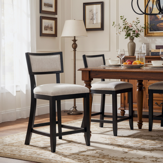Sunvega Solid Rubber Wood Upholstered Counter Stools Set of 2 with Backrest and Footrest