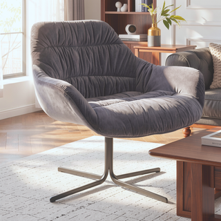 Sunvega Contemporary Swivel Lounge Chair in Black Metal and Grey Velvet