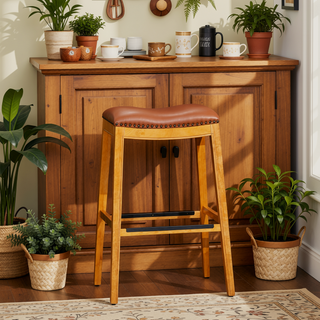 Sunvega Natural Finish Saddle Leather Seat Counter Stool with Footrest and Nail Head Trim