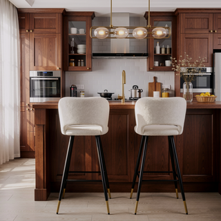 Sunvega Modern Barstool with White Fabric Seat and Black Gold-Tipped Metal Legs