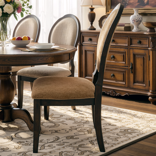 Sunvega Dark Cocoa Oval Back Dining Side Chair with Cream Chenille Upholstery and Welt Trim