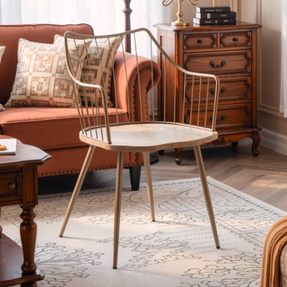 Sunvega Farmhouse Chair with Antique Copper Metal and White Washed Wood Seat