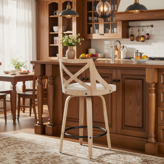 Sunvega Farmhouse Counter Stool with Cream Fabric and White Washed Wood for Dining