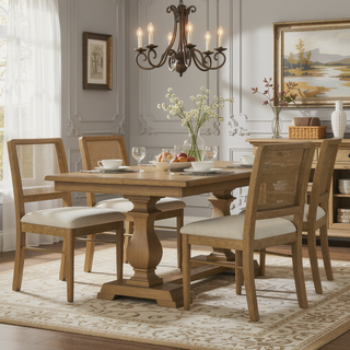 Sunvega Sand Wash Cane Dining Chair with Beige Cushion and Metal Stretcher Bar