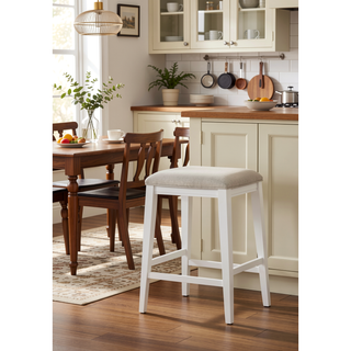Sunvega 17 Inch White Counter Height Upholstered Seat Backless Stool with Foot Rest