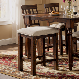 Sunvega Rustic Oak Counter Height Stools with Beige Fabric Cushion and Slat Back