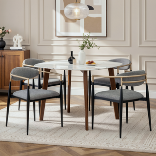 Sunvega Mistra Grey Upholstered Dining Arm Chair with Black Base and Gold Arms