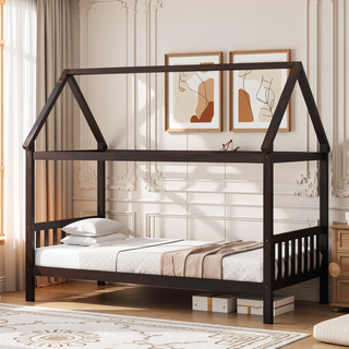 Sunvega Twin Rubber Wood House Bed with Headboard and Footboard in Light Grey