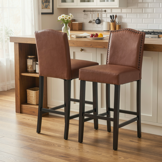 Sunvega Upholstered PU Leather Barstools Set of 2 with Rubberwood Legs 300LBS Capacity