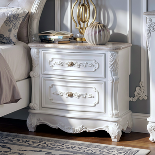 Sunvega White Transitional Nightstand with Faux Wood Carving and Nickel Hanging Pulls