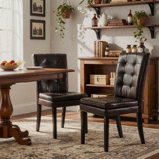 Sunvega Brown Bonded Leather Tufted Back Dining Chairs Set of 2 for Modern Dining
