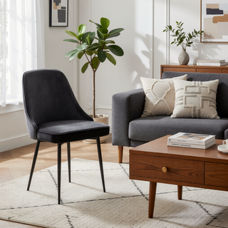 Sunvega Marcel Contemporary Dining Chair with Blue Velvet Upholstery and Black Metal Frame