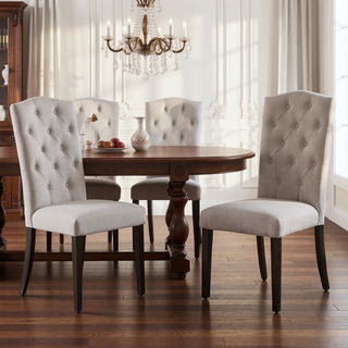 Sunvega Beige Linen Upholstered Dining Chairs with Tufted Back and Tapered Legs (Set of 2)
