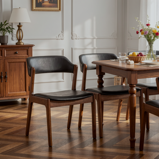 Sunvega Enzo Mid-Century Modern Black PU Leather Dining Chair Set Of 2 with Walnut Base