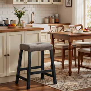 Sunvega Distressed Wooden Farmhouse Barstools with Faux Leather Seat, Counter-Height