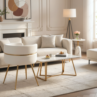 Sunvega Glam Art Deco Dining Chairs with Cream Velvet and Gold Metal Set of 2