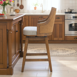 Sunvega Handcrafted Taupe Beige Cane Rattan Swivel Counter Stool with Recessed Arms