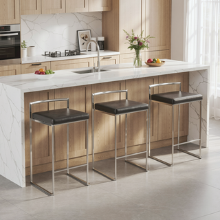 Sunvega Contemporary Brushed Stainless Steel Stackable Counter Stools with Brown Faux Leather