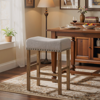 Sunvega Counter Height Stools with Tan Linen Upholstery and Weathered Oak Finish
