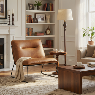 Sunvega Industrial Black Metal and Camel Faux Leather Accent Chair with Tufted Backrest