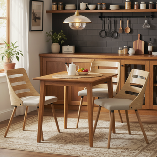 Sunvega Mid-Century Modern Dining Chair with Cream Fabric and Natural Wood Backrest