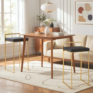 Sunvega Gold Metal Frame Barstool with Black Velvet Cushion Set of 3