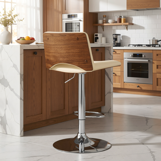 Sunvega Adjustable Swivel Cream Faux Leather Bar Stool with Walnut Back