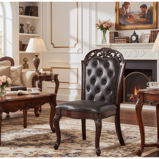 Sunvega Traditional Walnut Solid Wood Dining Chairs with Dark Brown Leatherette Seats