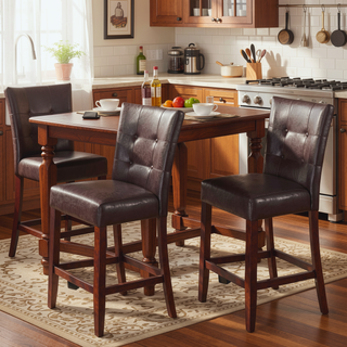 Sunvega Espresso Faux Leather and Walnut Finish Counter Height Stools with Tufted Backrest