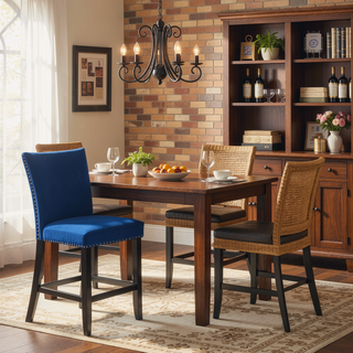 Sunvega Blue Velvet Upholstered Counter Height Chair Set with Chrome Nailhead Trim