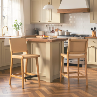 Sunvega Saddle Kitchen Island Counter Stool with Back in Sunkissed Beige Leather