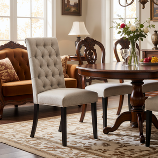 Sunvega Tan Linen Upholstered Button Tufted Parson Chairs with Wooden Legs Set of 2