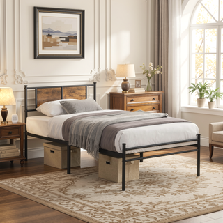 Sunvega King Size Metal Bedframe with Wood Panel Headboard and Under Storage