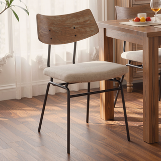 Sunvega Mid-Century Modern Wood Backrest Cream Fabric Brown Metal Chair Set of 2