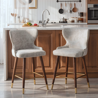 Sunvega Mid-Century Modern Faux Leather Tufted Counter Stool Set with Nailhead Trim