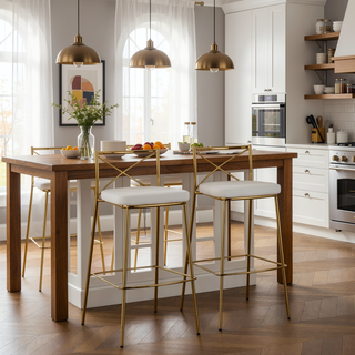 Sunvega Modern Charlotte Gold Metal Frame and White Faux Leather Barstool Set of 2