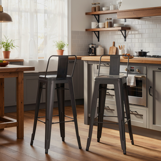 Sunvega Industrial Metal Bar Stool Set of 2 with Curved Back and Foot Rest