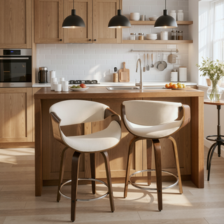 Sunvega Mid-Century Modern Counter Stool Set with Walnut Frame and Cream Fabric