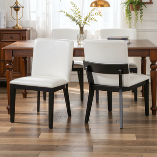 Sunvega Modern Walnut Finish Wood and White Glossy PU Leather Dining Chairs Set of 2