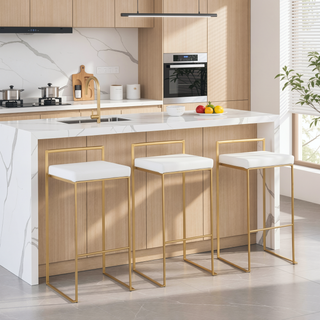 Sunvega Gold Metal and White Velvet Upholstered Fixed Height Stackable Barstools Set of 3
