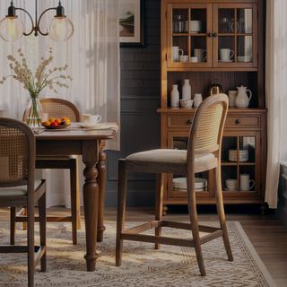 Sunvega Natural Oak and Cane Rattan Counter Stools with Black Boucle Upholstery