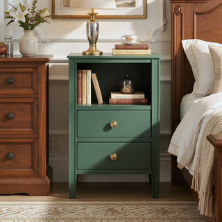 Sunvega Antique White Winston 2-Drawer Nightstand with Open Shelf and Fluted Legs