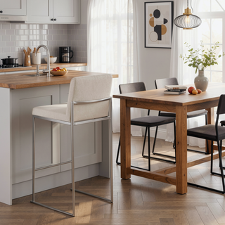 Sunvega Fuji Contemporary High Back Barstool with Padded Seat and Backrest in Stainless Steel and Beige Fabric - Set of 2