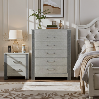 Sunvega Silver Nightstand with Spacious Drawers and Hidden Jewelry Compartment