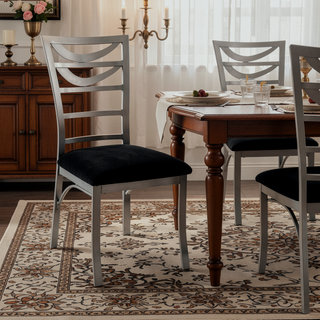 Sunvega Contemporary Silver Metal Frame Oval Back Dining Chairs with Black Microfiber Seat