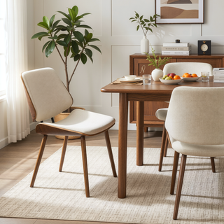 Sunvega Mid-Century Modern Walnut Dining Chair with Black Faux Leather and Padded Seat Set of 2