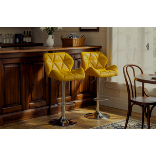Sunvega Blue PU Leather Diamond-Tufted Swiveling Adjustable Height Bar Stools Set of 2