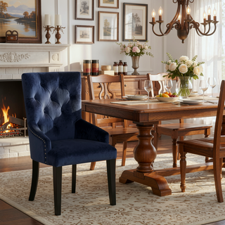 Sunvega Luxury Glam Dining Chair with Dark Navy Velvet Upholstery and Nailhead Trim