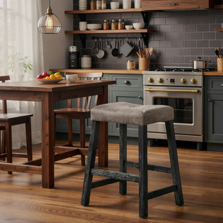 Sunvega Distressed Wooden Farmhouse Barstools with Faux Leather Seat, Counter-Height