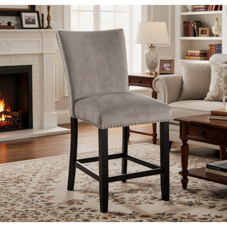 Sunvega Light Gray Flannelette Dining Chairs with Nailhead Trim and Black Wood Legs